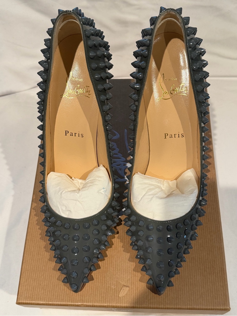 Christian Louboutin Gray Patent Spike Pointed-Toe Pumps - Size 39.5